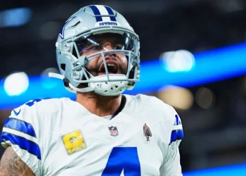 Dak Prescott #4 of the Dallas Cowboys warms up before kickoff against the Las Vegas Raiders during an NFL football game at Allegiant Stadium on November 17, 2025 in Las Vegas, Nevada. (Photo by Cooper Neill/Getty Images)