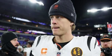 Joe Burrow #9 of the Cincinnati Bengals looks on after the game against the Baltimore Ravens at M&T Bank Stadium on November 27, 2025 in Baltimore, Maryland. (Photo by Patrick Smith/Getty Images)
