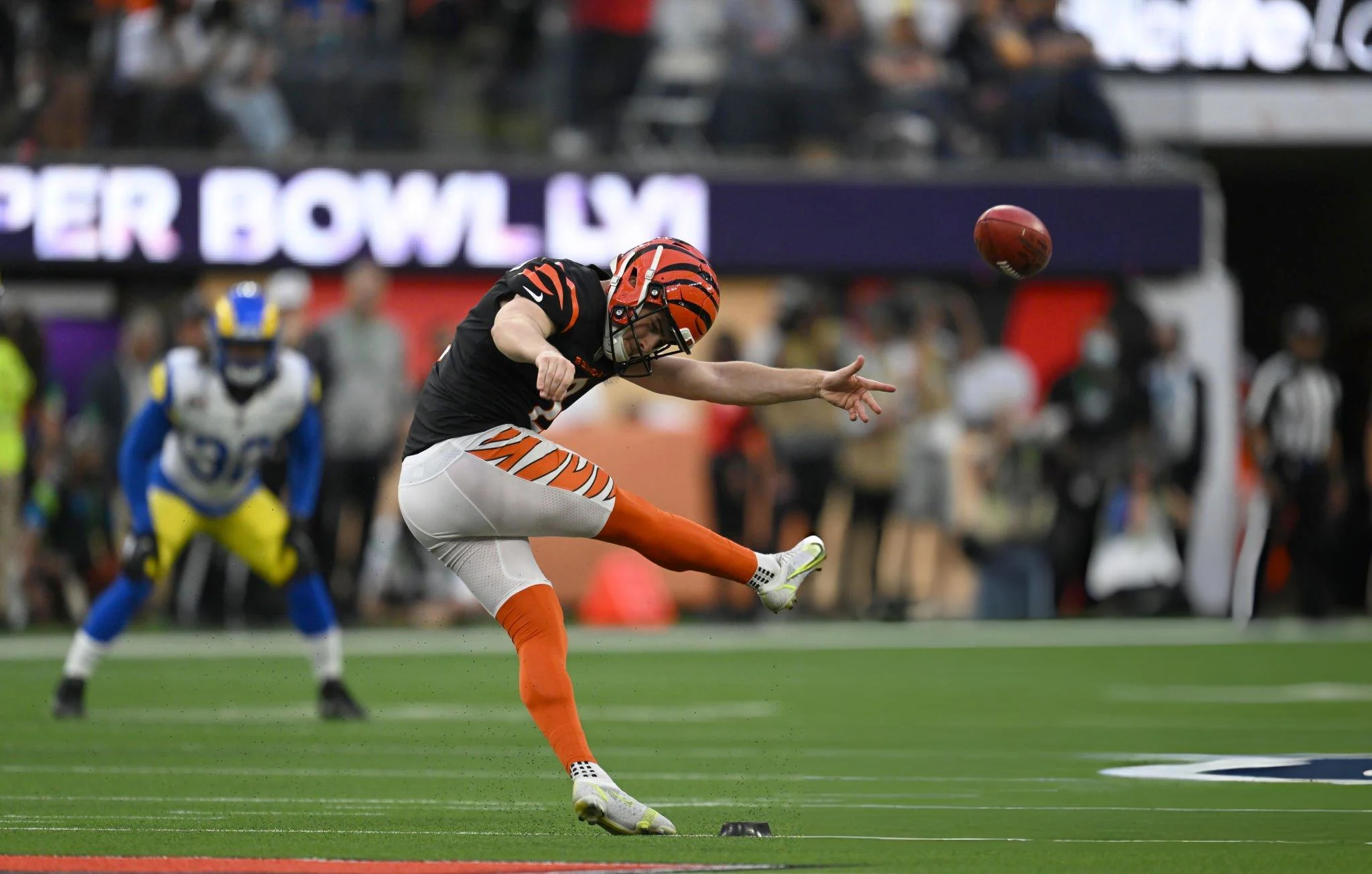 Evan McPherson (2) in action, kickoff vs Los Angeles Rams at SoFi Stadium. Inglewood, CA 2/13/2022 CREDIT: John W. McDonough (Photo by John W. McDonough/Sports Illustrated via Getty Images)