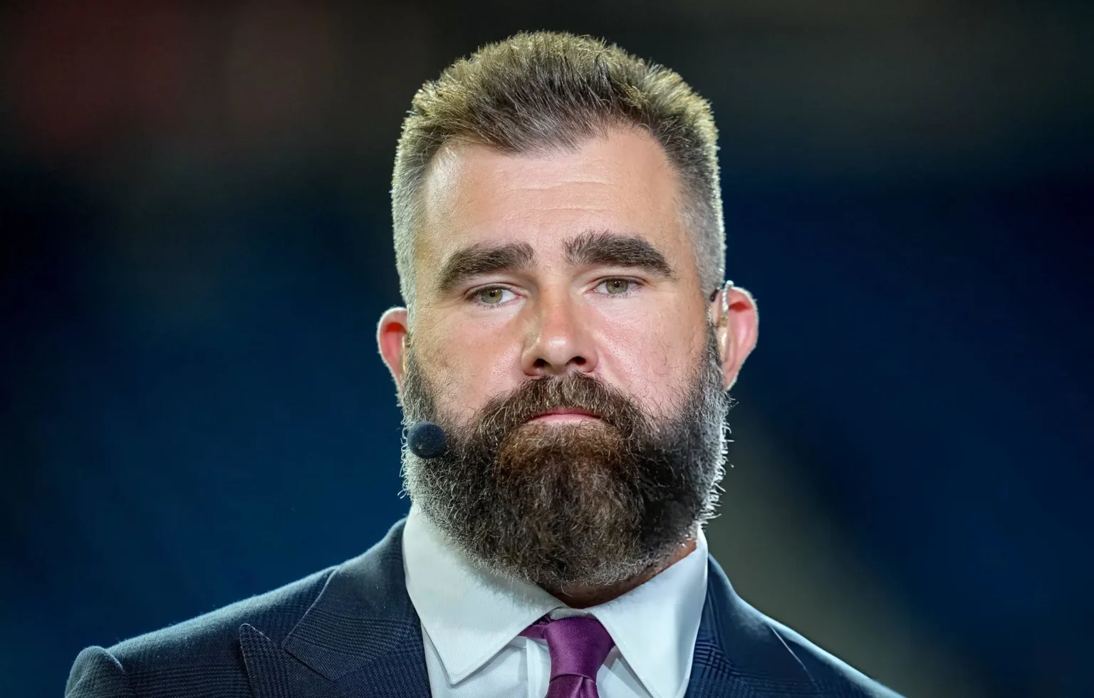 ESPN Broadcaster Jason Kelce looks on before the game between the Detroit Lions and the Tampa Bay Buccaneers at Ford Field on October 20, 2025 in Detroit, Michigan. (Photo by Nic Antaya/Getty Images)