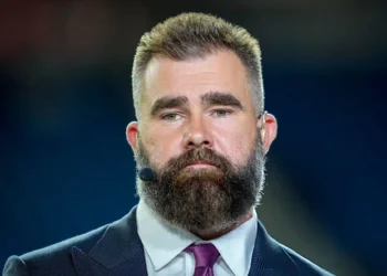 ESPN Broadcaster Jason Kelce looks on before the game between the Detroit Lions and the Tampa Bay Buccaneers at Ford Field on October 20, 2025 in Detroit, Michigan. (Photo by Nic Antaya/Getty Images)