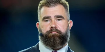 ESPN Broadcaster Jason Kelce looks on before the game between the Detroit Lions and the Tampa Bay Buccaneers at Ford Field on October 20, 2025 in Detroit, Michigan. (Photo by Nic Antaya/Getty Images)