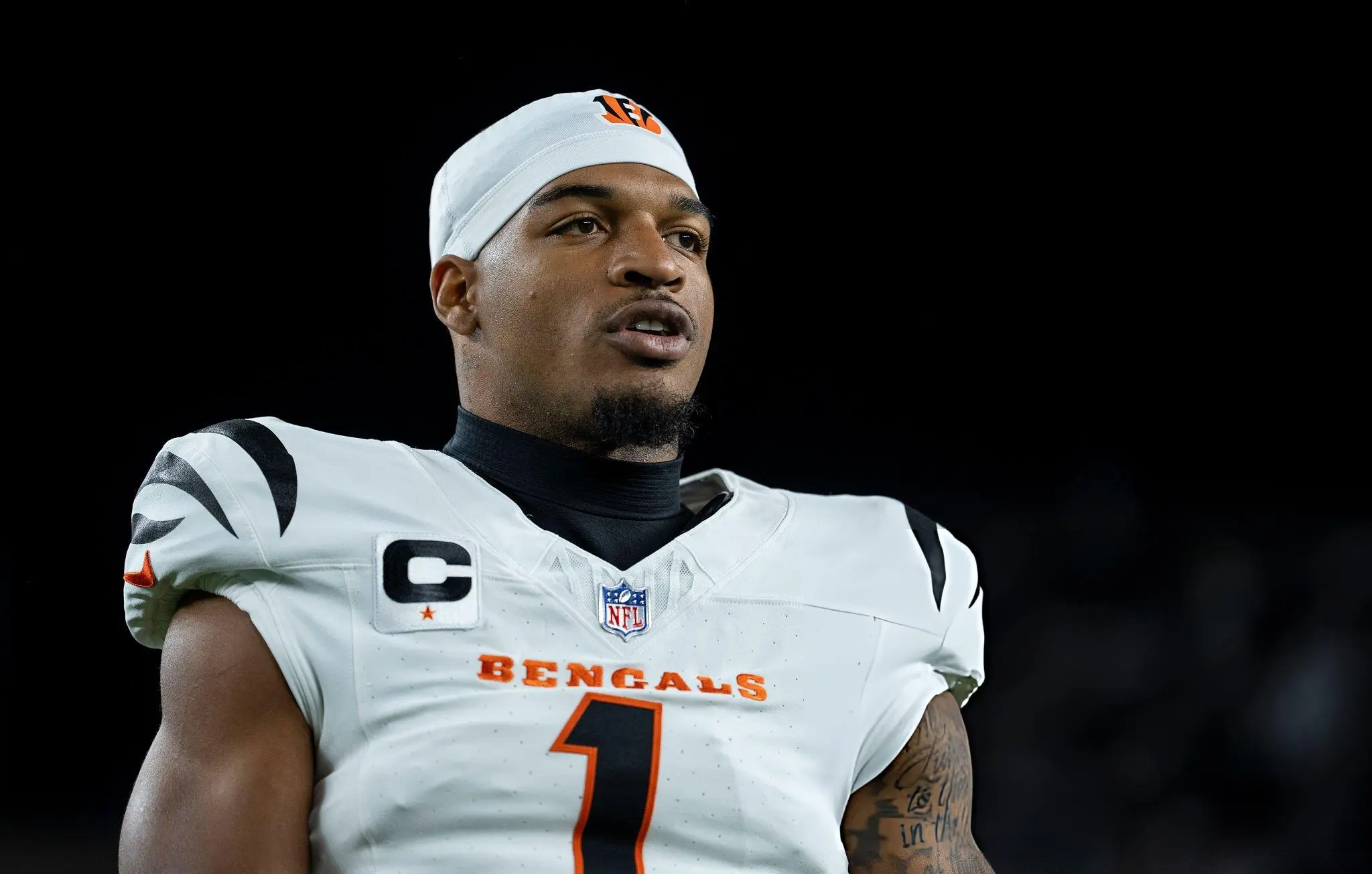 Ja'Marr Chase #1 of the Cincinnati Bengals looks on prior to an NFL football game against the Pittsburgh Steelers at Paycor Stadium on October 16, 2025 in Cincinnati, Ohio.