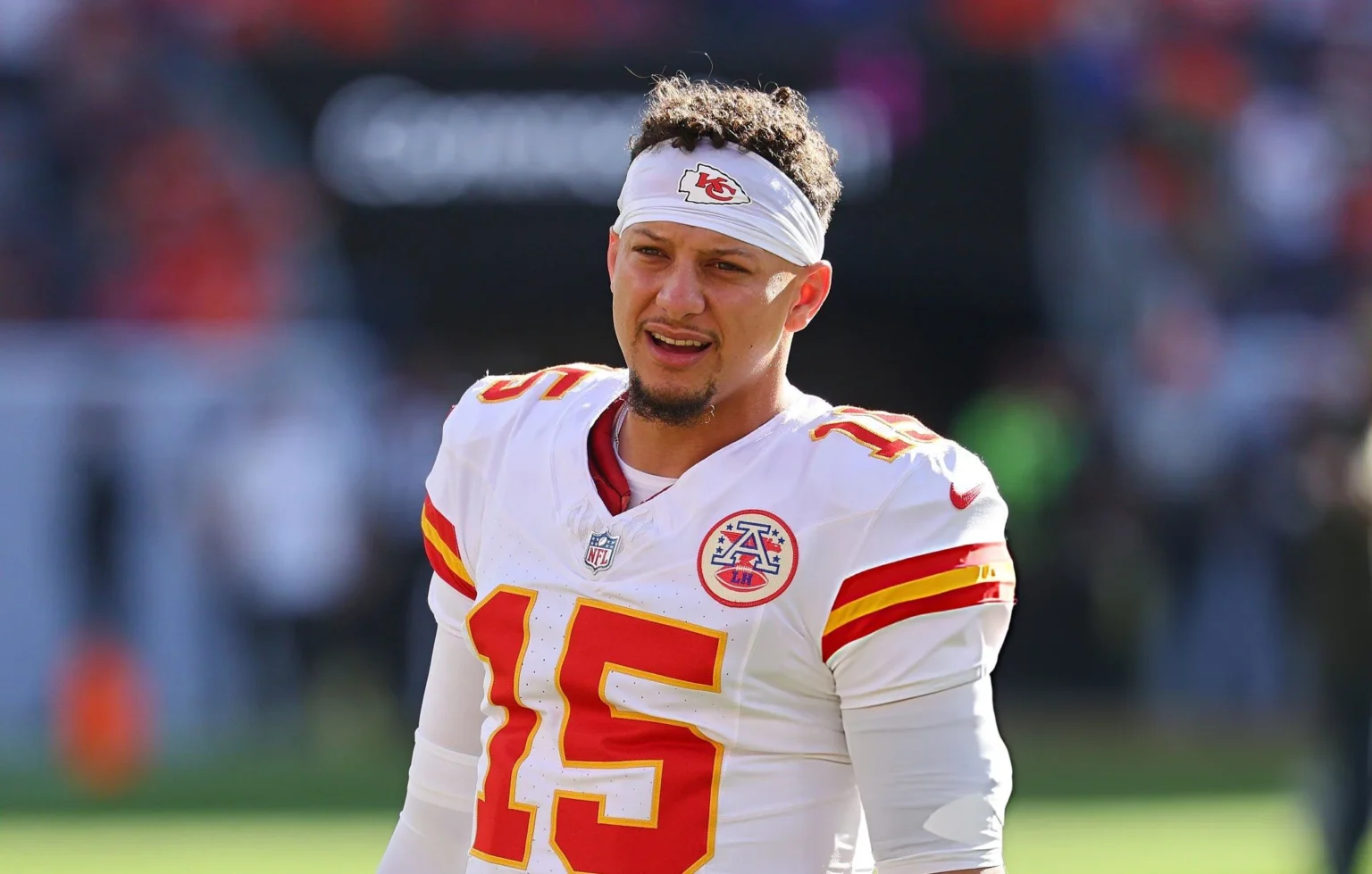 Patrick Mahomes #15 of the Kansas City Chiefs looks on during warmups before the game against the Denver Broncos at Empower Field At Mile High on November 16, 2025 in Denver, Colorado. (Photo by Jamie Schwaberow/Getty Images)