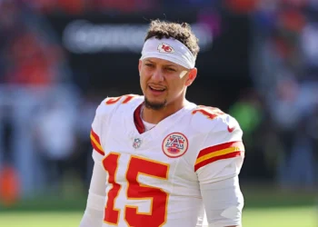 Patrick Mahomes #15 of the Kansas City Chiefs looks on during warmups before the game against the Denver Broncos at Empower Field At Mile High on November 16, 2025 in Denver, Colorado. (Photo by Jamie Schwaberow/Getty Images)