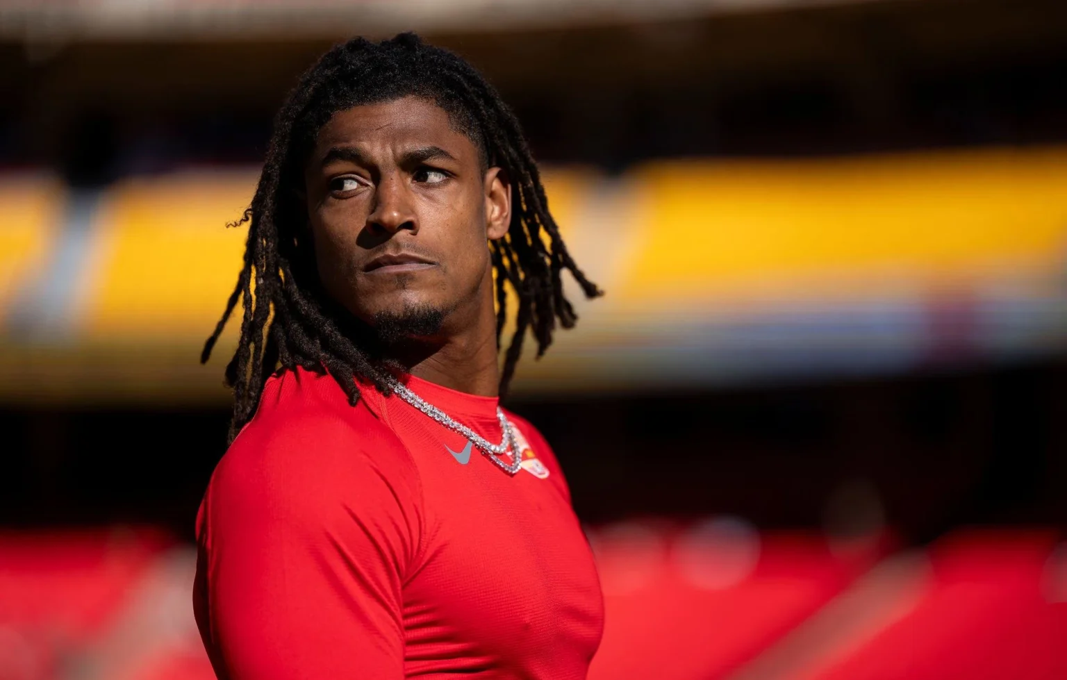 Isiah Pacheco #10 of the Kansas City Chiefs looks on prior to an NFL football game against the Las Vegas Raiders at GEHA Field at Arrowhead Stadium on October 19, 2025 in Kansas City, Missouri. (Photo by Michael Owens/Getty Images)