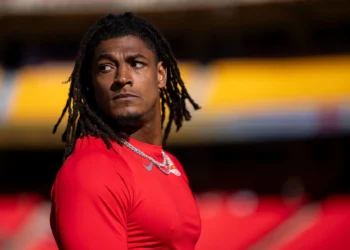 Isiah Pacheco #10 of the Kansas City Chiefs looks on prior to an NFL football game against the Las Vegas Raiders at GEHA Field at Arrowhead Stadium on October 19, 2025 in Kansas City, Missouri. (Photo by Michael Owens/Getty Images)