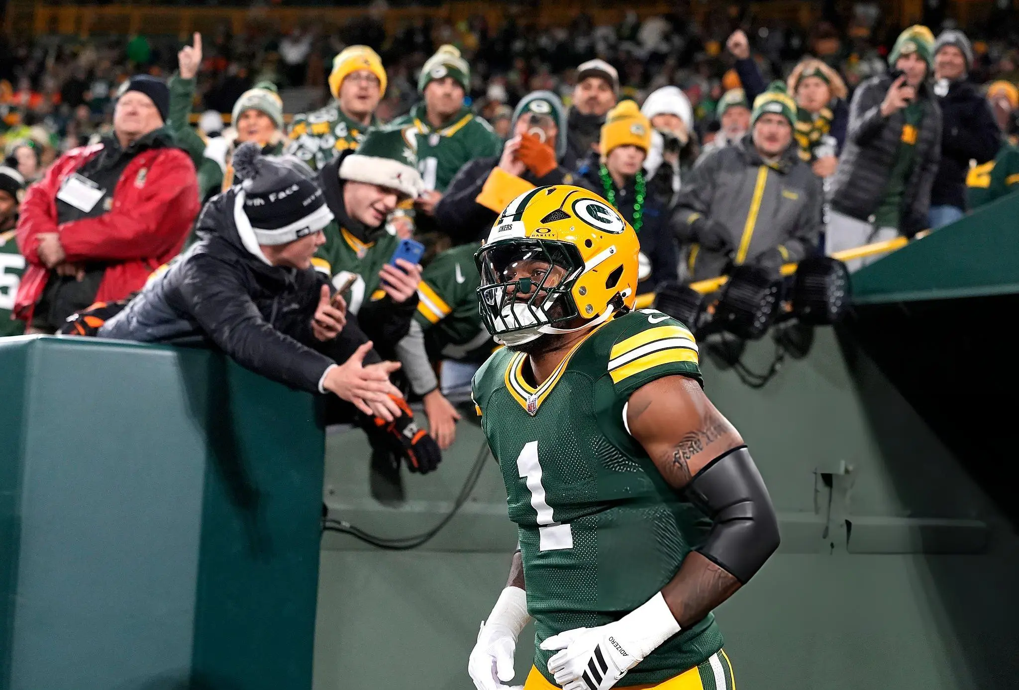 Micah Parsons #1 of the Green Bay Packers takes the field prior to the game against the Philadelphia Eagles at Lambeau Field on November 10, 2025 in Green Bay, Wisconsin.