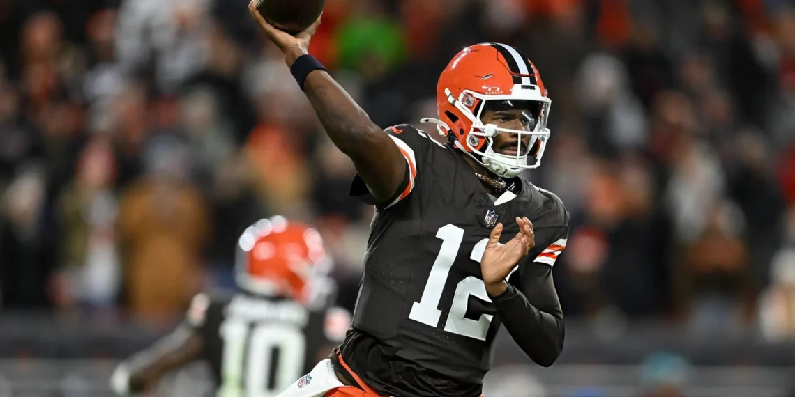 Shedeur Sanders #12 of the Cleveland Browns passes the ball against the Baltimore Ravens during the third quarter at Huntington Bank Field on November 16, 2025 in Cleveland, Ohio.