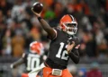 Shedeur Sanders #12 of the Cleveland Browns passes the ball against the Baltimore Ravens during the third quarter at Huntington Bank Field on November 16, 2025 in Cleveland, Ohio.