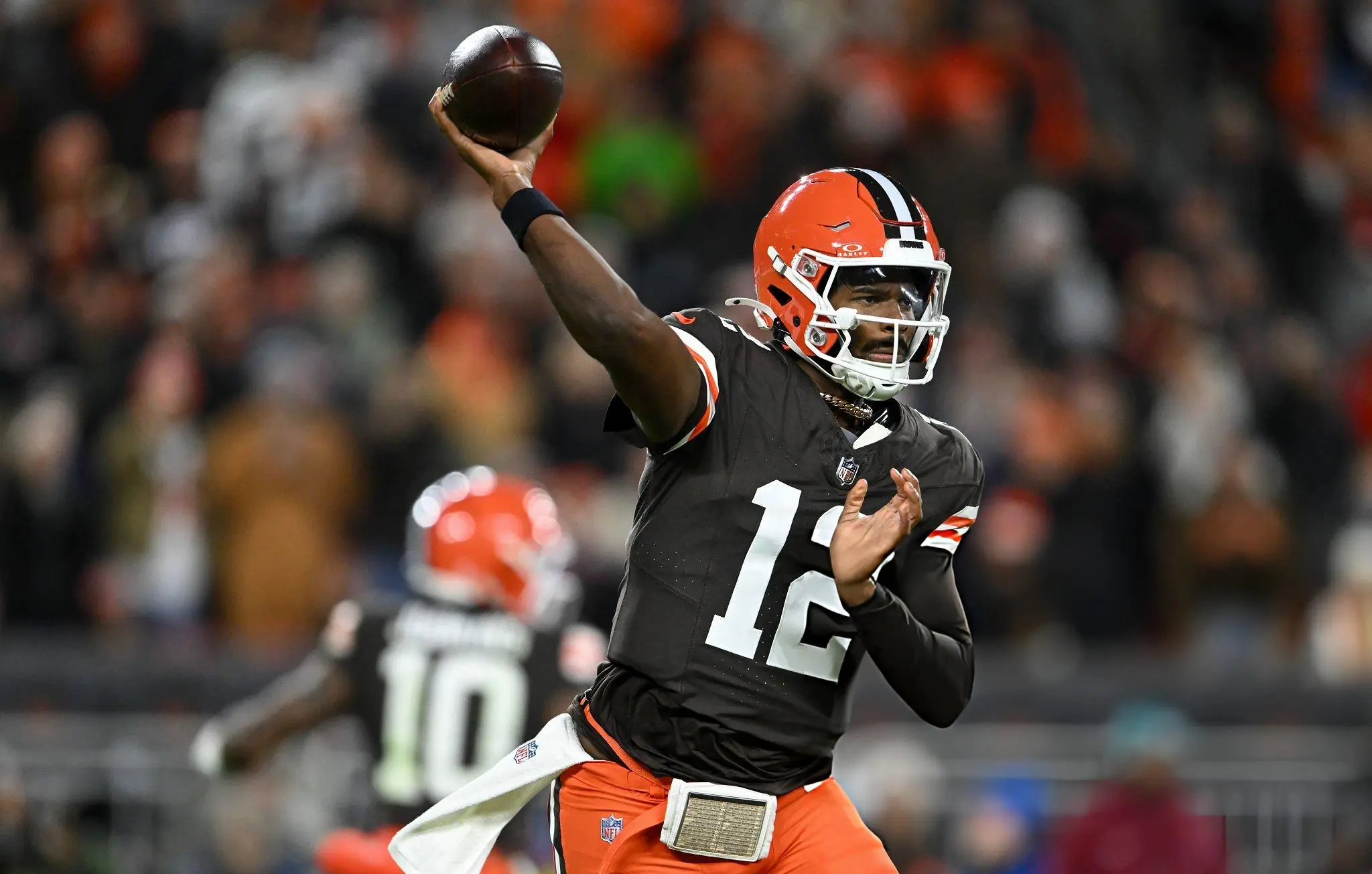 Shedeur Sanders #12 of the Cleveland Browns passes the ball against the Baltimore Ravens during the third quarter at Huntington Bank Field on November 16, 2025 in Cleveland, Ohio.