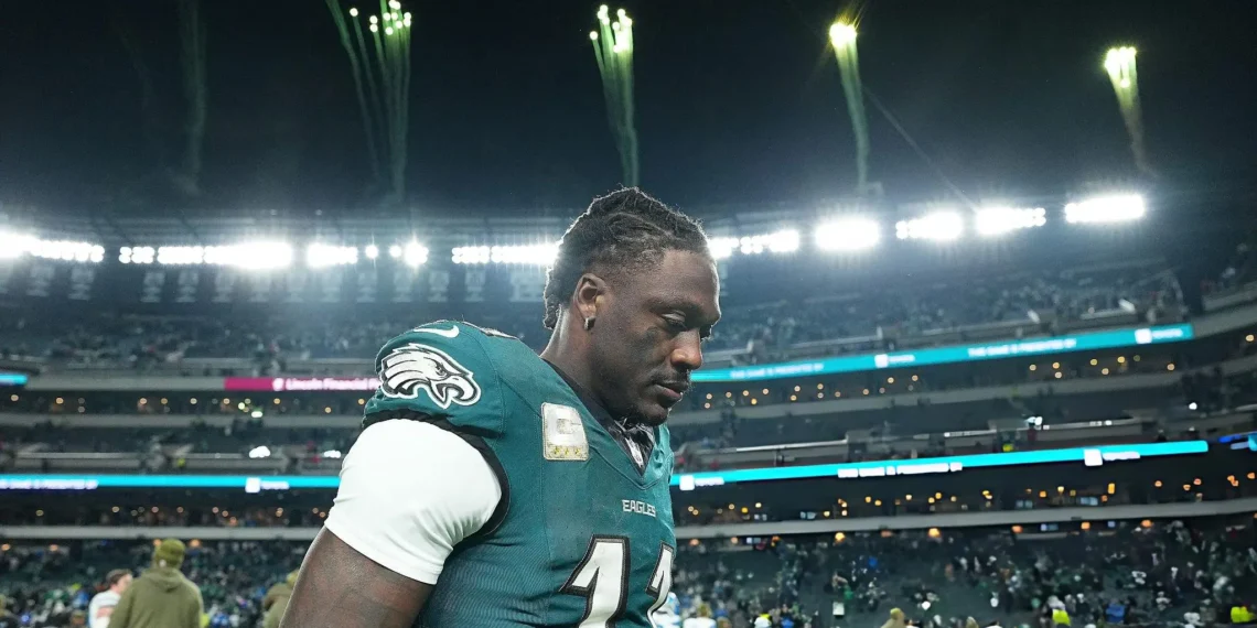 A.J. Brown #11 of the Philadelphia Eagles leaves the field following a game against the Detroit Lions at Lincoln Financial Field on November 16, 2025 in Philadelphia, Pennsylvania.