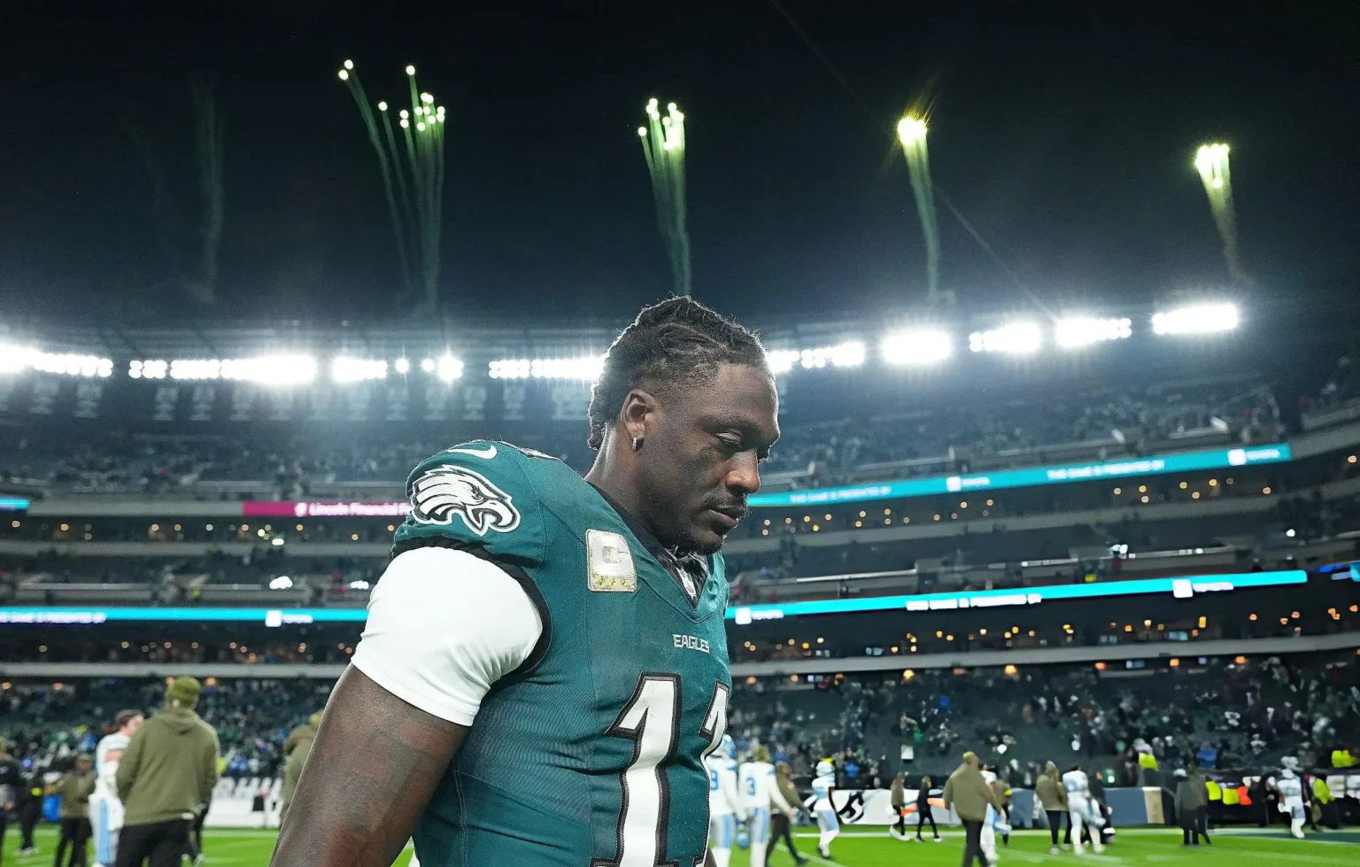 A.J. Brown #11 of the Philadelphia Eagles leaves the field following a game against the Detroit Lions at Lincoln Financial Field on November 16, 2025 in Philadelphia, Pennsylvania.
