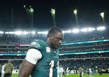 A.J. Brown #11 of the Philadelphia Eagles leaves the field following a game against the Detroit Lions at Lincoln Financial Field on November 16, 2025 in Philadelphia, Pennsylvania.