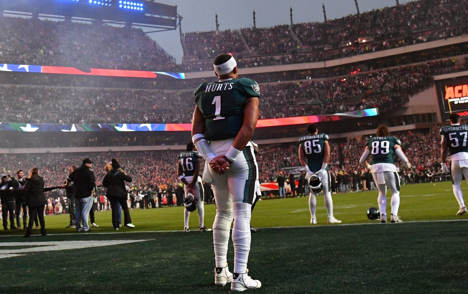 Philadelphia Eagles quarterback Jalen Hurts (1) during the national anthem against the San Francisco 49ers at Lincoln Financial Field. Mandatory