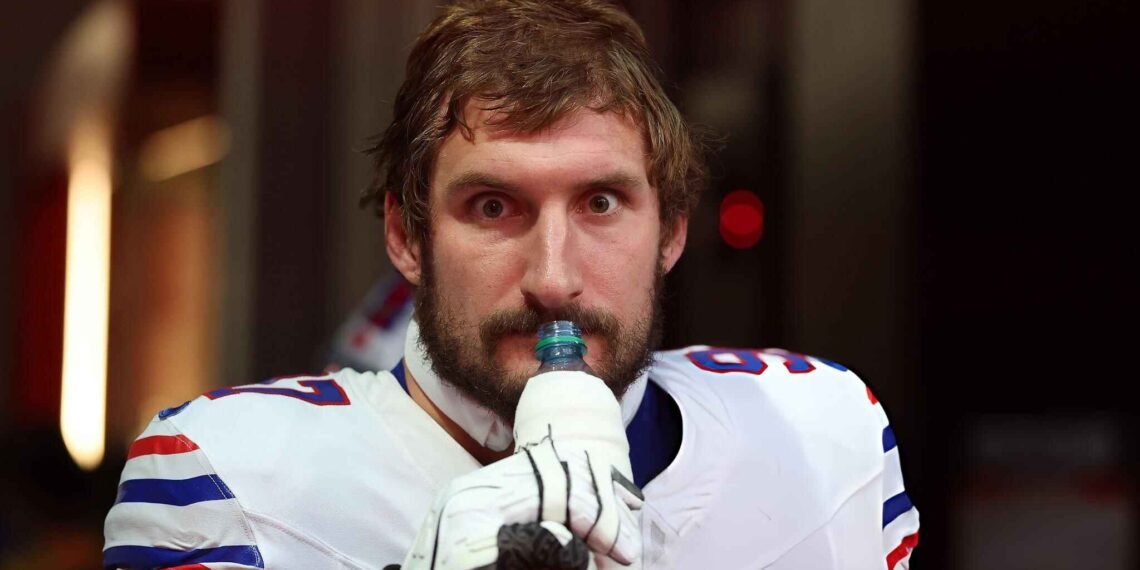 Joey Bosa #97 of the Buffalo Bills reacts prior to the game against the Atlanta Falcons at Mercedes-Benz Stadium