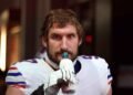Joey Bosa #97 of the Buffalo Bills reacts prior to the game against the Atlanta Falcons at Mercedes-Benz Stadium
