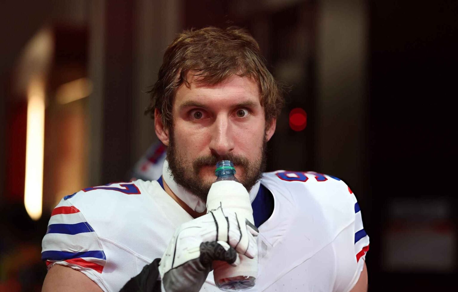 Joey Bosa #97 of the Buffalo Bills reacts prior to the game against the Atlanta Falcons at Mercedes-Benz Stadium