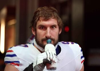 Joey Bosa #97 of the Buffalo Bills reacts prior to the game against the Atlanta Falcons at Mercedes-Benz Stadium
