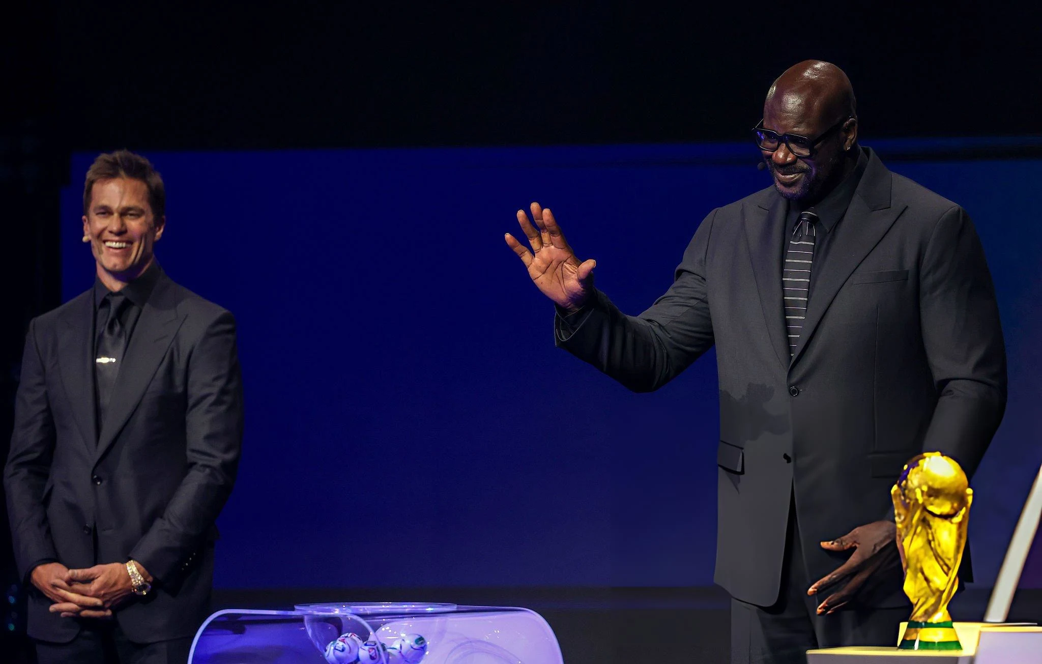 Tom Brady and Draw assistant Shaquille O’Neal react during the FIFA World Cup 2026 Official Draw