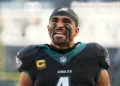 Jalen Hurts #1 of the Philadelphia Eagles reacts prior to the game against the Chicago Bears