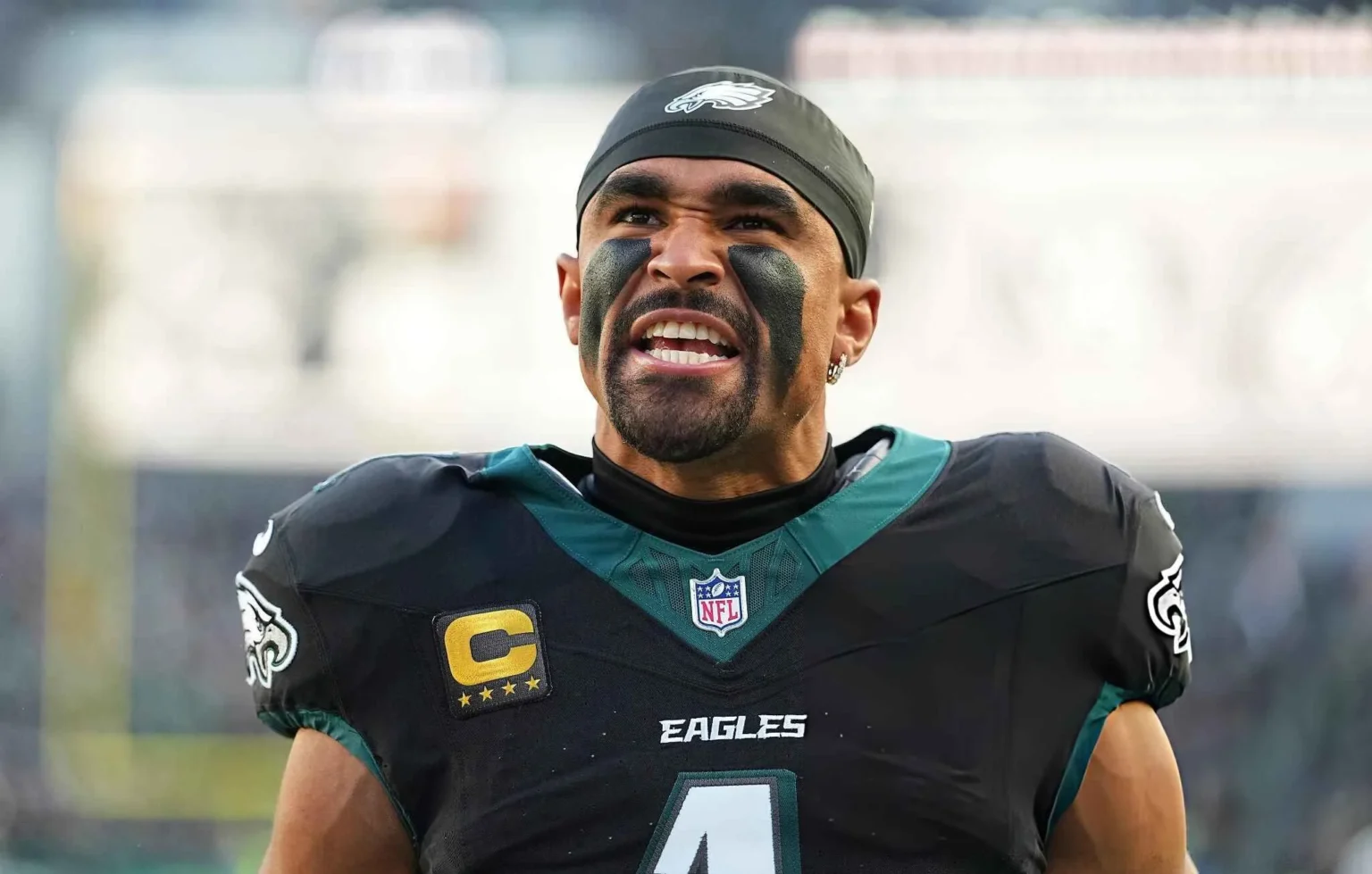 Jalen Hurts #1 of the Philadelphia Eagles reacts prior to the game against the Chicago Bears