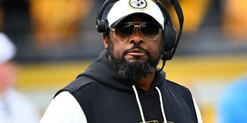 Mike Tomlin of the Pittsburgh Steelers looks on during the game against the Indianapolis Colts
