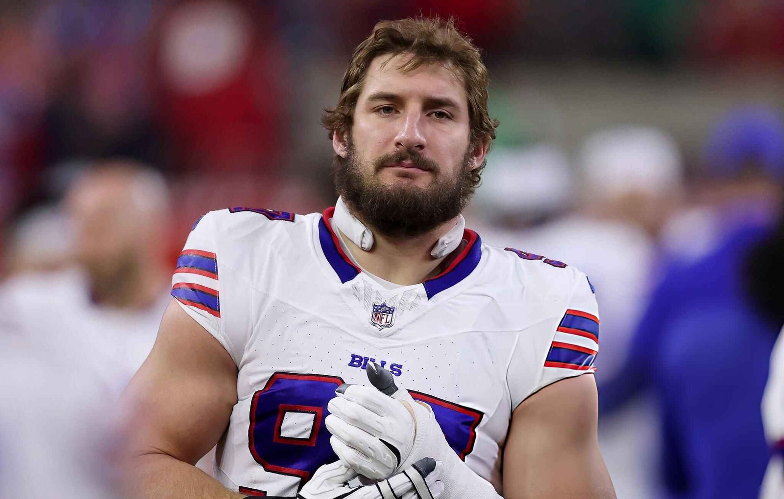 Joey Bosa #97 of the Buffalo Bills stands on the sideline before the game against the Houston Texans at NRG Stadium