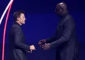 Draw assistant Shaquille O’Neal greets Draw assistant Tom Brady during the FIFA World Cup 2026 Official Draw
